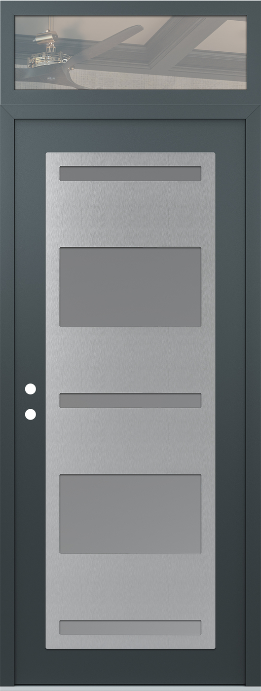Modern Steel Front Door DIAMOND C10 36" X 96" ANTHRACITE/ANTHRACITE FROSTED GLASS PANEL STAINLESS STEEL RHI WITH TRANSOM CLEAR GLASS