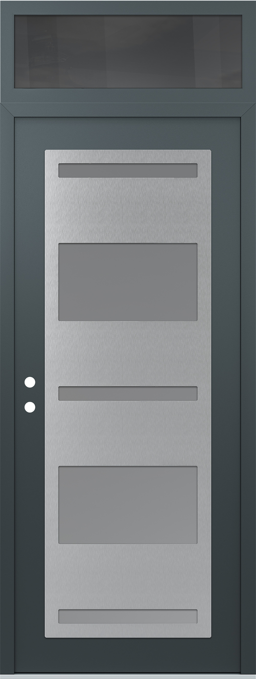 Modern Steel Front Door DIAMOND C10 36" X 96" ANTHRACITE/ANTHRACITE FROSTED GLASS PANEL STAINLESS STEEL RHI WITH TRANSOM MIRRORED GLASS