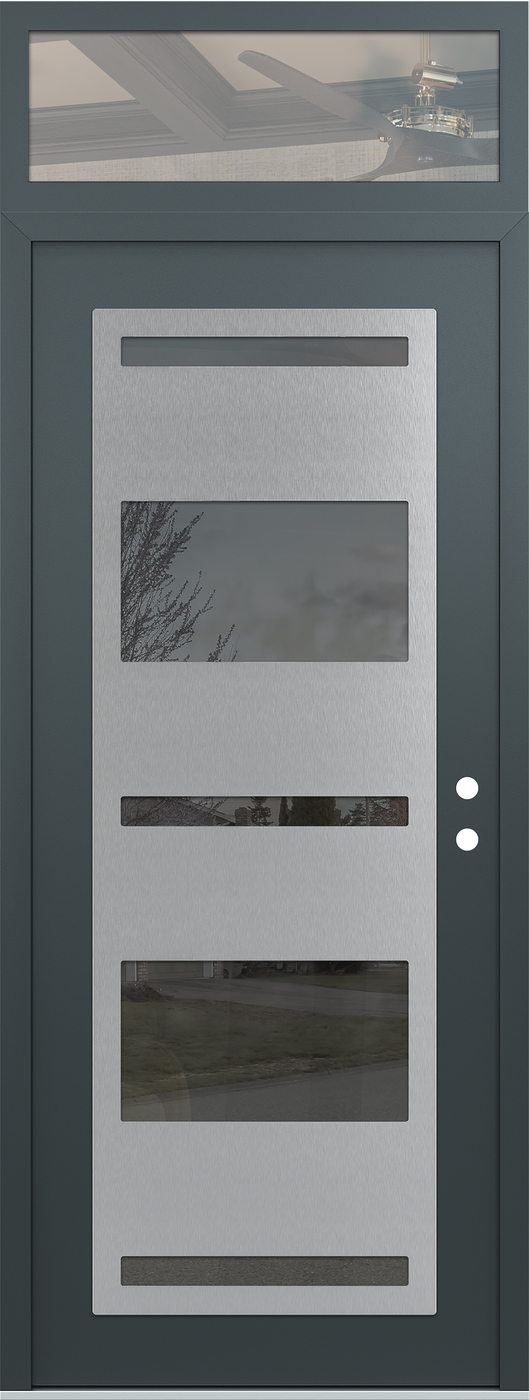 Modern Steel Front Door DIAMOND C10 36" X 96" ANTHRACITE/ANTHRACITE MIRRORED GLASS PANEL STAINLESS STEEL LHI WITH TRANSOM CLEAR GLASS