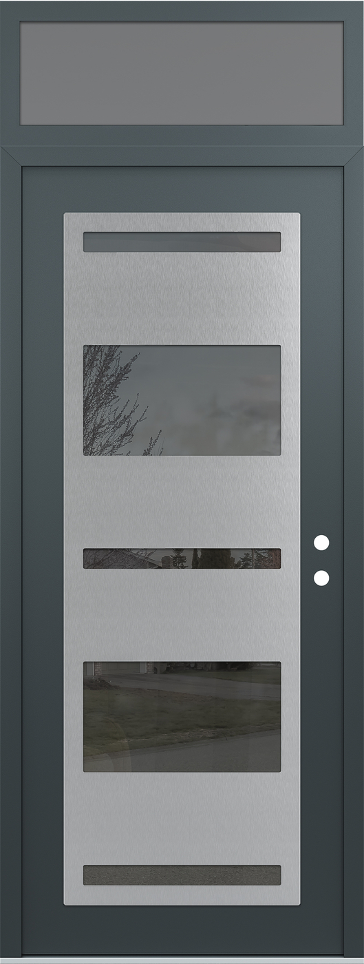 Modern Steel Front Door DIAMOND C10 36" X 96" ANTHRACITE/ANTHRACITE MIRRORED GLASS PANEL STAINLESS STEEL LHI WITH TRANSOM FROSTED GLASS