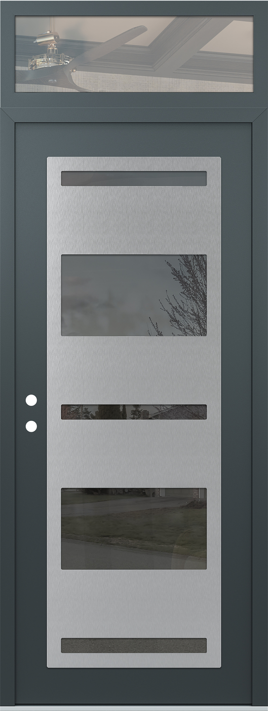 Modern Steel Front Door DIAMOND C10 36" X 96" ANTHRACITE/ANTHRACITE MIRRORED GLASS PANEL STAINLESS STEEL RHI WITH TRANSOM CLEAR GLASS