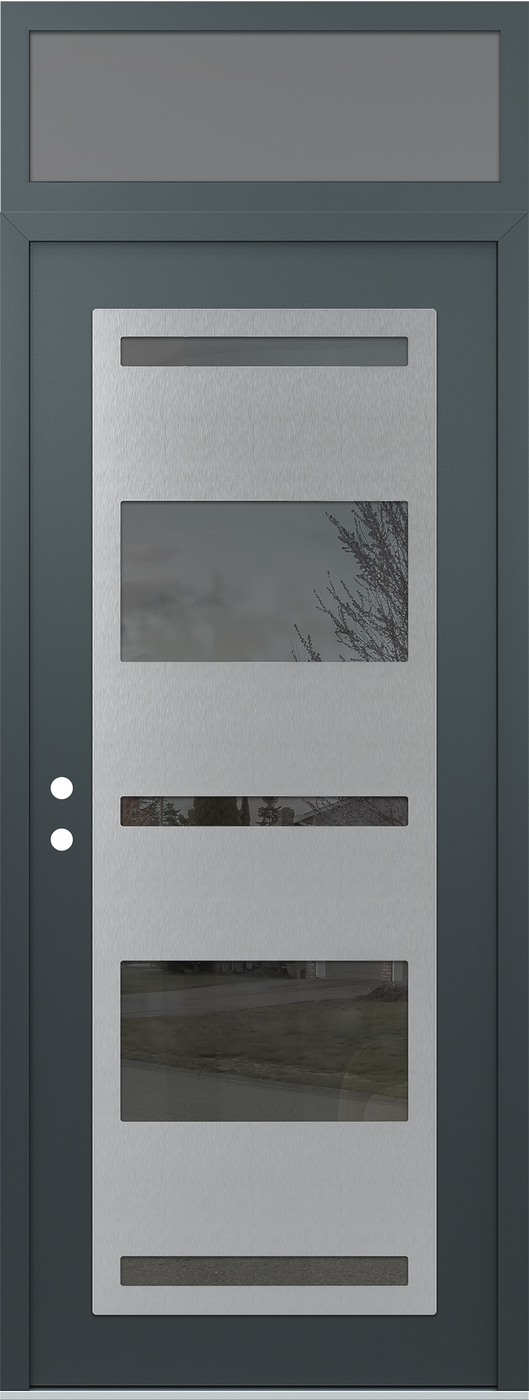 Modern Steel Front Door DIAMOND C10 36" X 96" ANTHRACITE/ANTHRACITE MIRRORED GLASS PANEL STAINLESS STEEL RHI WITH TRANSOM FROSTED GLASS