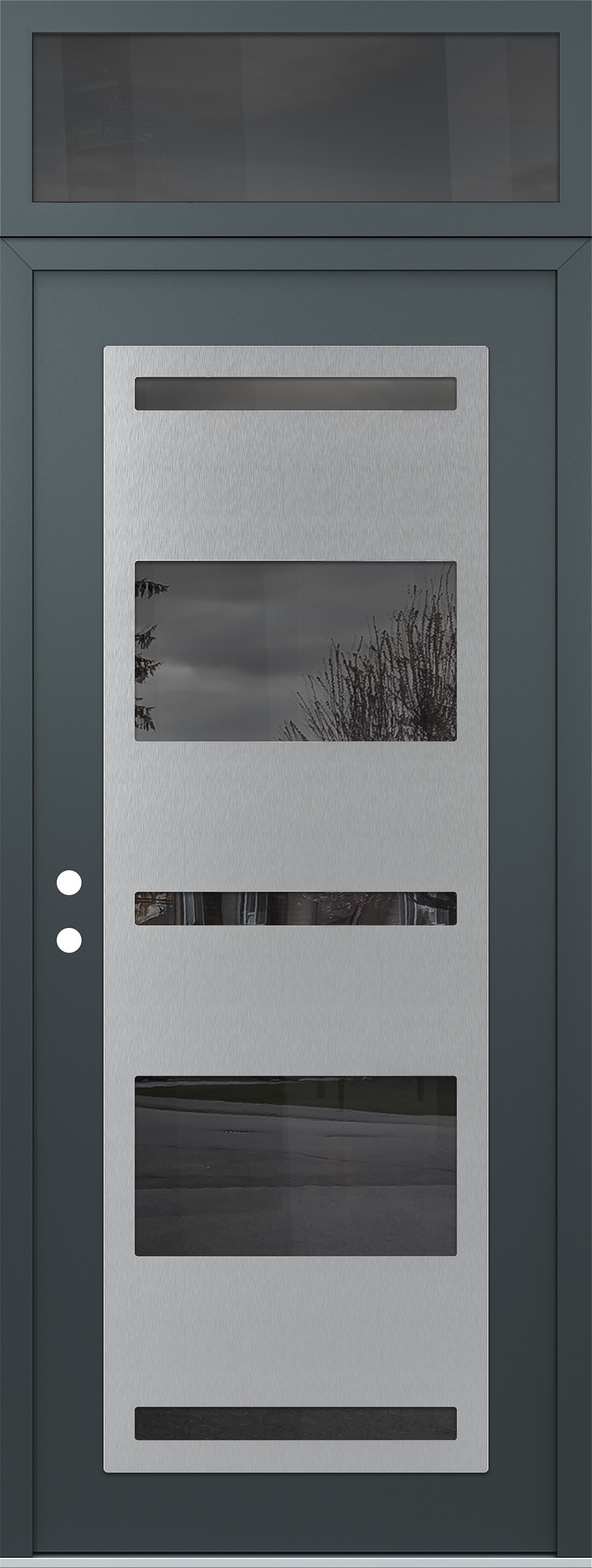 Modern Steel Front Door DIAMOND C10 36" X 96" ANTHRACITE/ANTHRACITE MIRRORED GLASS PANEL STAINLESS STEEL RHI WITH TRANSOM MIRRORED GLASS