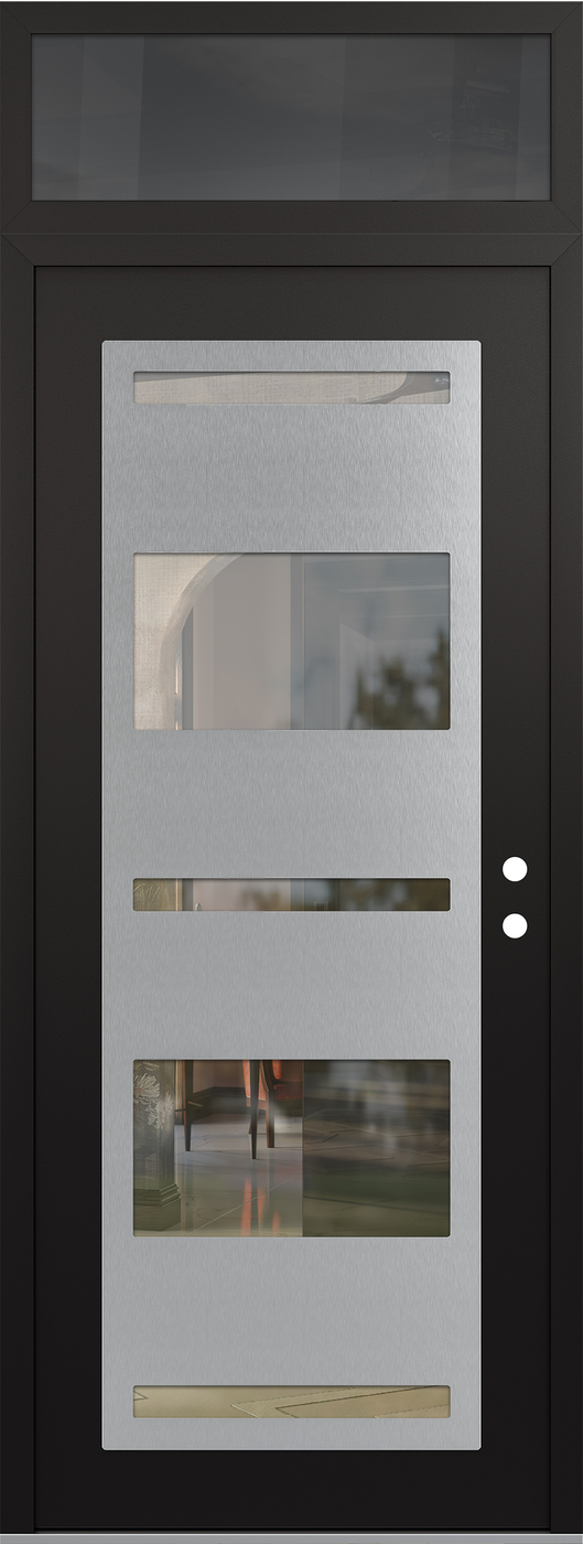 Modern Steel Front Door DIAMOND C10 36" X 96" BLACK/BLACK CLEAR GLASS PANEL STAINLESS STEEL LHI WITH TRANSOM MIRRORED GLASS