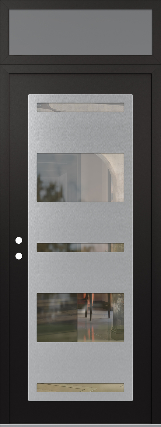 Modern Steel Front Door DIAMOND C10 36" X 96" BLACK/BLACK CLEAR GLASS PANEL STAINLESS STEEL RHI WITH TRANSOM FROSTED GLASS
