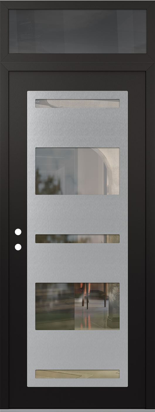 Modern Steel Front Door DIAMOND C10 36" X 96" BLACK/BLACK CLEAR GLASS PANEL STAINLESS STEEL RHI WITH TRANSOM MIRRORED GLASS