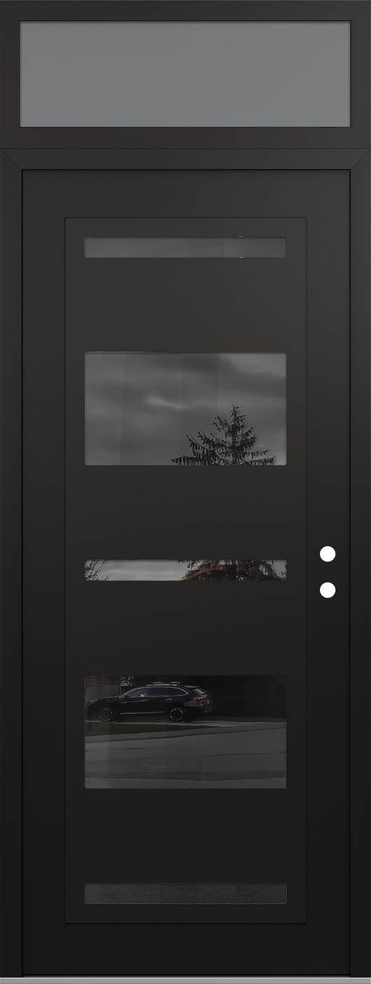 Modern Steel Front Door DIAMOND C10 36" X 96" BLACK/BLACK MIRRORED GLASS PANEL BLACK LHI WITH TRANSOM FROSTED GLASS
