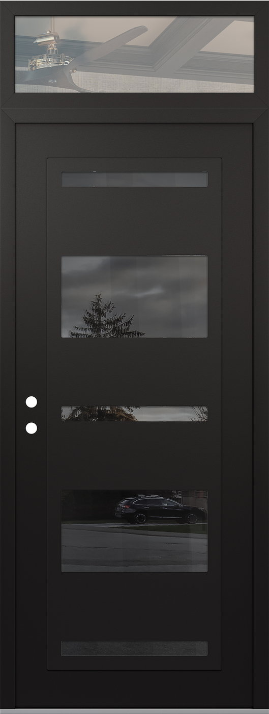 Modern Steel Front Door DIAMOND C10 36" X 96" BLACK/BLACK MIRRORED GLASS PANEL BLACK RHI WITH TRANSOM CLEAR GLASS