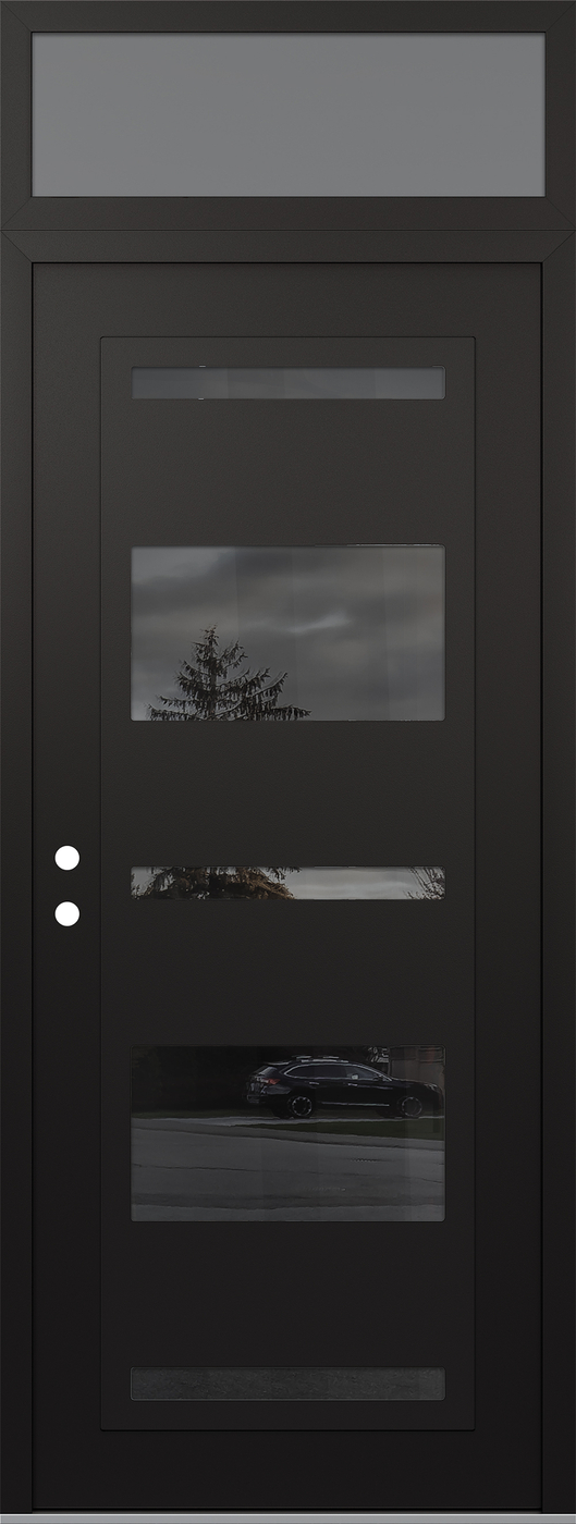 Modern Steel Front Door DIAMOND C10 36" X 96" BLACK/BLACK MIRRORED GLASS PANEL BLACK RHI WITH TRANSOM FROSTED GLASS