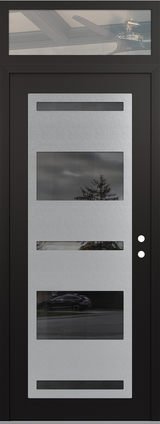 Modern Steel Front Door DIAMOND C10 36" X 96" BLACK/BLACK MIRRORED GLASS PANEL STAINLESS STEEL LHI WITH TRANSOM CLEAR GLASS