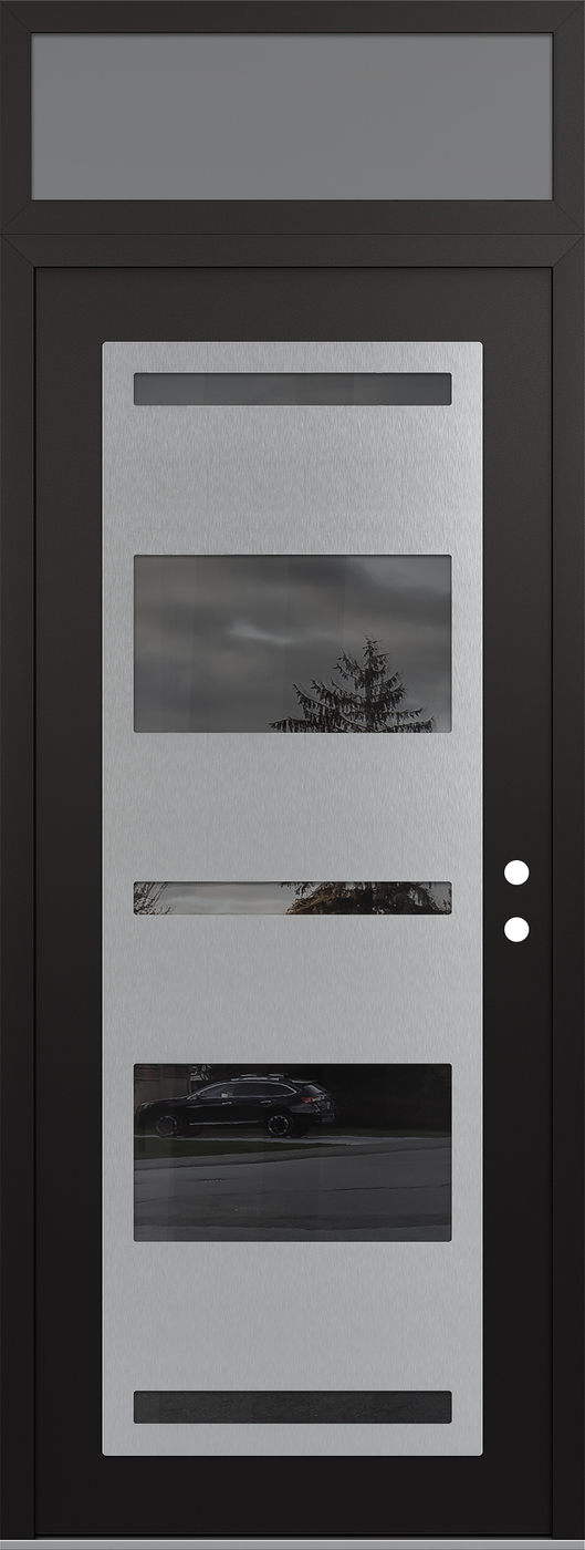 Modern Steel Front Door DIAMOND C10 36" X 96" BLACK/BLACK MIRRORED GLASS PANEL STAINLESS STEEL LHI WITH TRANSOM FROSTED GLASS