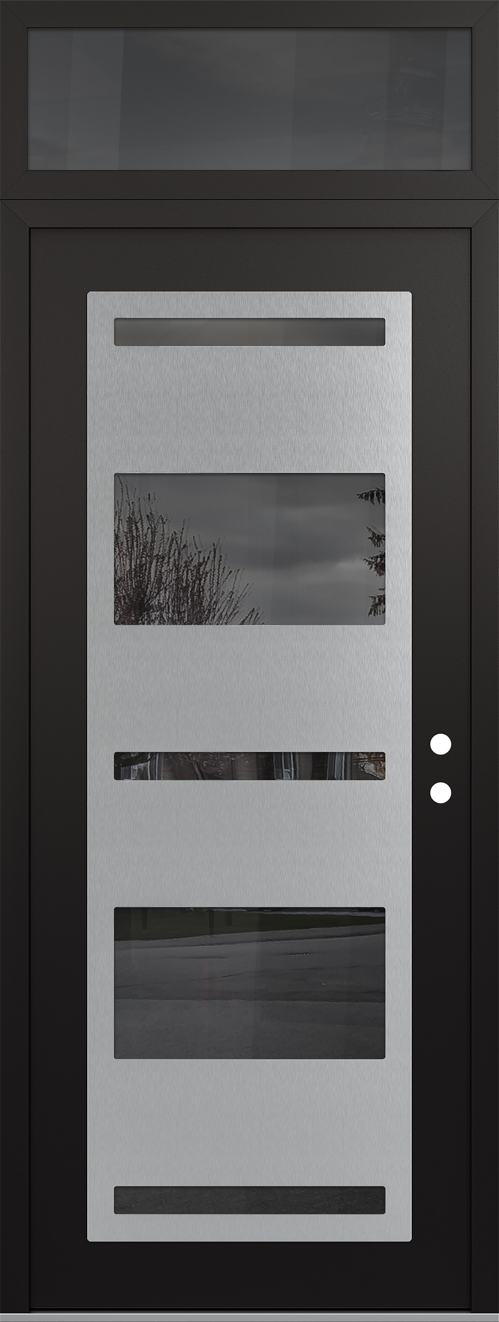Modern Steel Front Door DIAMOND C10 36" X 96" BLACK/BLACK MIRRORED GLASS PANEL STAINLESS STEEL LHI WITH TRANSOM MIRRORED GLASS