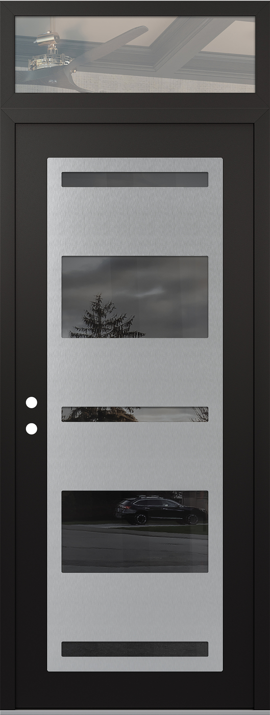 Modern Steel Front Door DIAMOND C10 36" X 96" BLACK/BLACK MIRRORED GLASS PANEL STAINLESS STEEL RHI WITH TRANSOM CLEAR GLASS