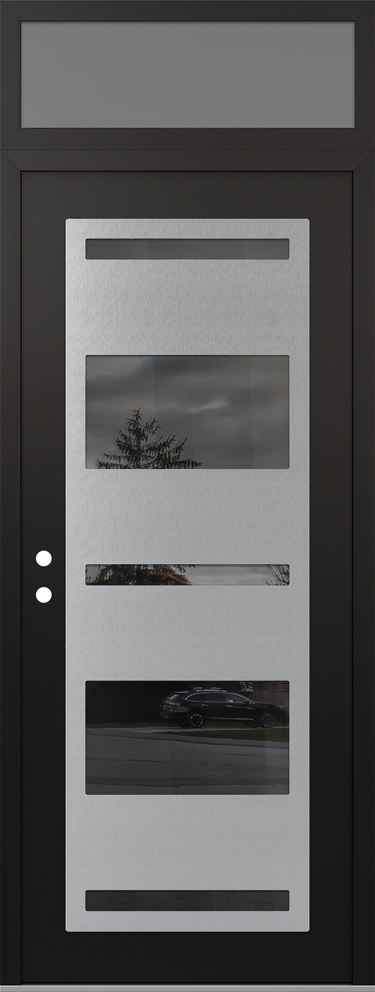 Modern Steel Front Door DIAMOND C10 36" X 96" BLACK/BLACK MIRRORED GLASS PANEL STAINLESS STEEL RHI WITH TRANSOM FROSTED GLASS