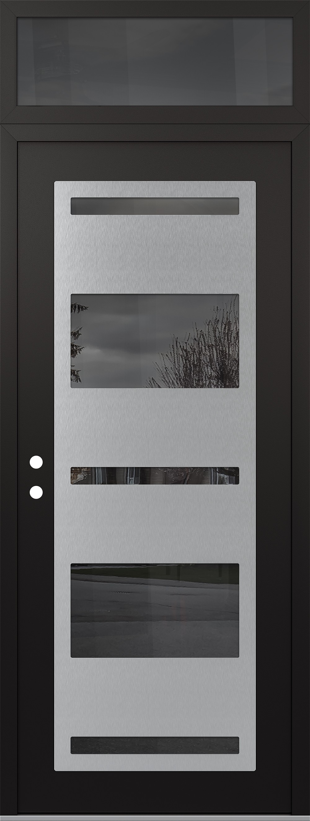 Modern Steel Front Door DIAMOND C10 36" X 96" BLACK/BLACK MIRRORED GLASS PANEL STAINLESS STEEL RHI WITH TRANSOM MIRRORED GLASS