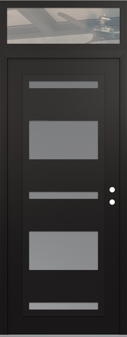 Modern Steel Front Door DIAMOND C10 36" X 96" BLACK/WHITE FROSTED GLASS PANEL BLACK LHI WITH TRANSOM CLEAR GLASS