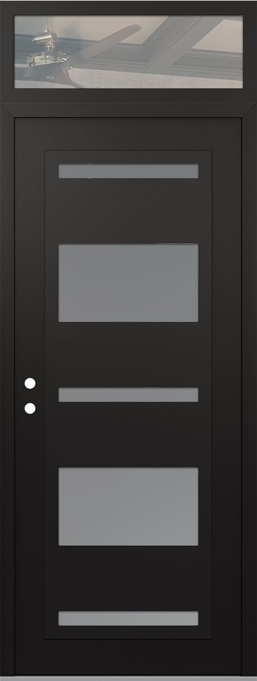 Modern Steel Front Door DIAMOND C10 36" X 96" BLACK/WHITE FROSTED GLASS PANEL BLACK RHI WITH TRANSOM CLEAR GLASS