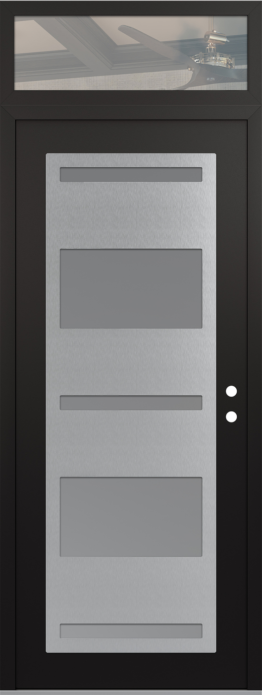 Modern Steel Front Door DIAMOND C10 36" X 96" BLACK/WHITE FROSTED GLASS PANEL STAINLESS STEEL LHI WITH TRANSOM CLEAR GLASS