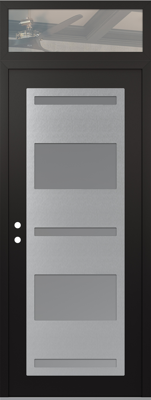 Modern Steel Front Door DIAMOND C10 36" X 96" BLACK/WHITE FROSTED GLASS PANEL STAINLESS STEEL RHI WITH TRANSOM CLEAR GLASS