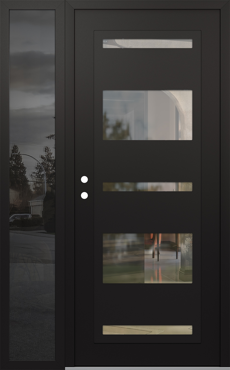 Modern Steel Front Door Diamond C10 48" x 80" black/black clear Glass Panel black RHI with Sidelite mirrored Glass