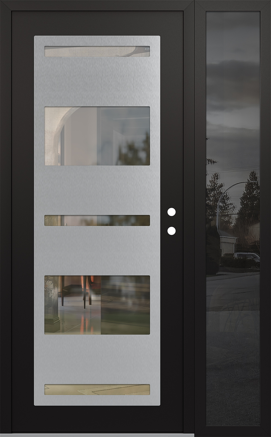 Modern Steel Front Door Diamond C10 48" x 80" black/black clear Glass Panel stainless steel LHI with Sidelite mirrored Glass