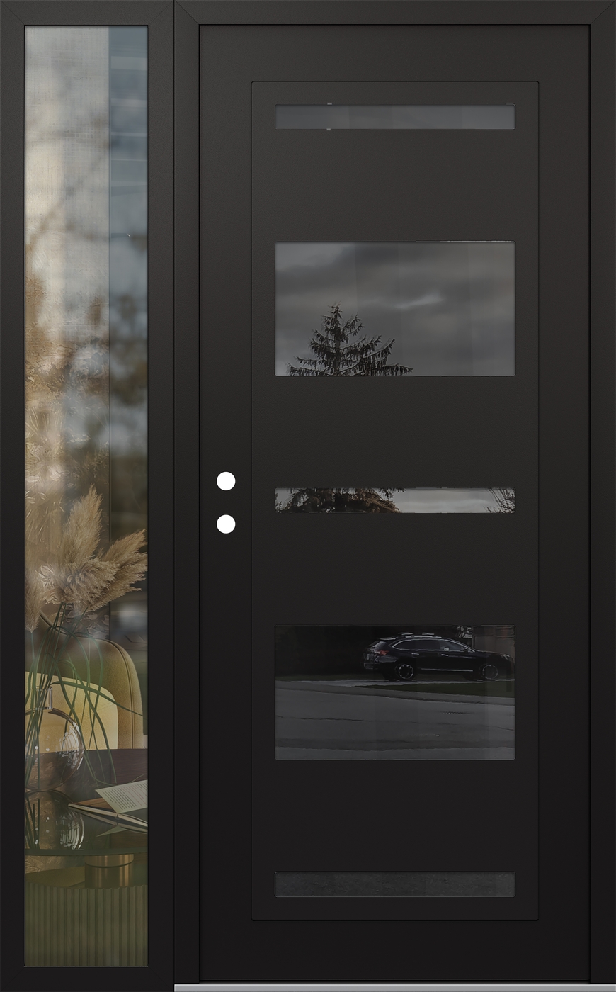 Modern Steel Front Door Diamond C10 48" x 80" black/black mirrored Glass Panel black RHI with Sidelite clear Glass