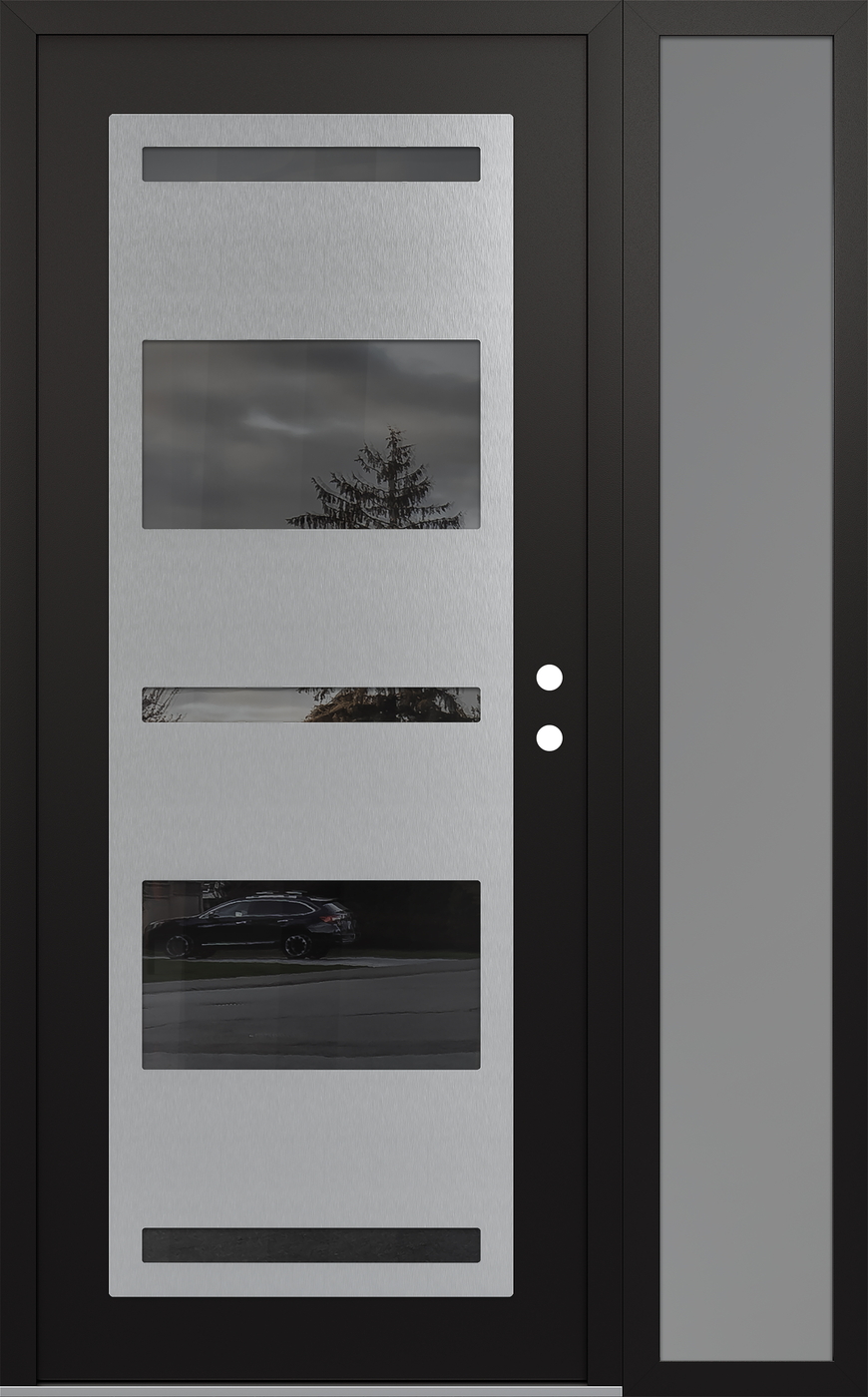 Modern Steel Front Door Diamond C10 48" x 80" black/black mirrored Glass Panel stainless steel LHI with Sidelite frosted Glass