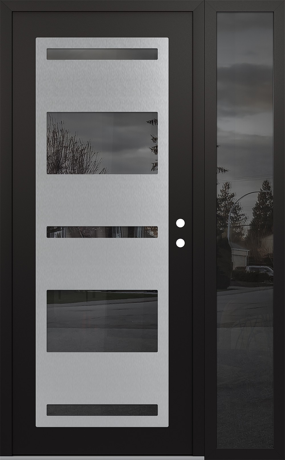 Modern Steel Front Door Diamond C10 48" x 80" black/black mirrored Glass Panel stainless steel LHI with Sidelite mirrored Glass