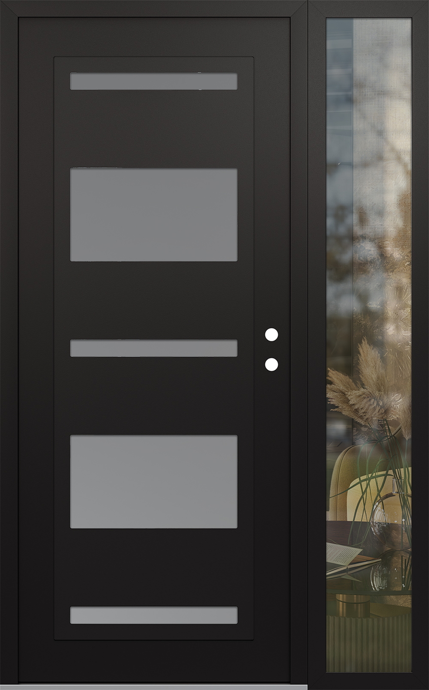 Modern Steel Front Door Diamond C10 48" x 80" black/white frosted Glass Panel black LHI with Sidelite clear Glass