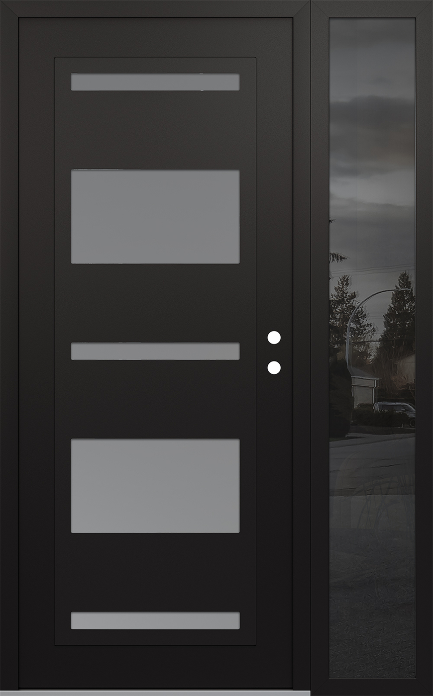 Modern Steel Front Door Diamond C10 48" x 80" black/white frosted Glass Panel black LHI with Sidelite mirrored Glass
