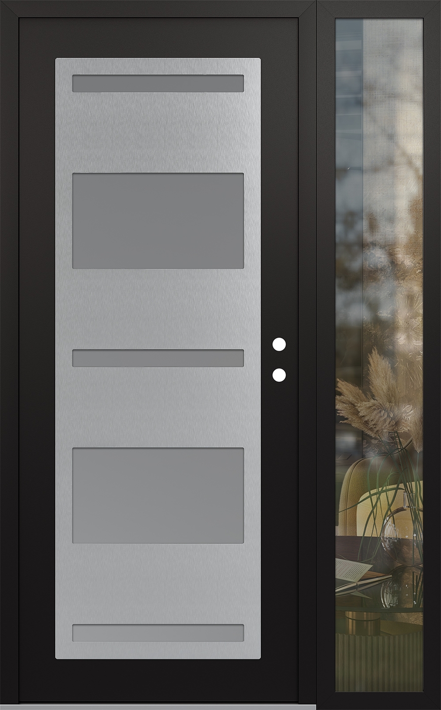 Modern Steel Front Door Diamond C10 48" x 80" black/white frosted Glass Panel stainless steel LHI with Sidelite clear Glass