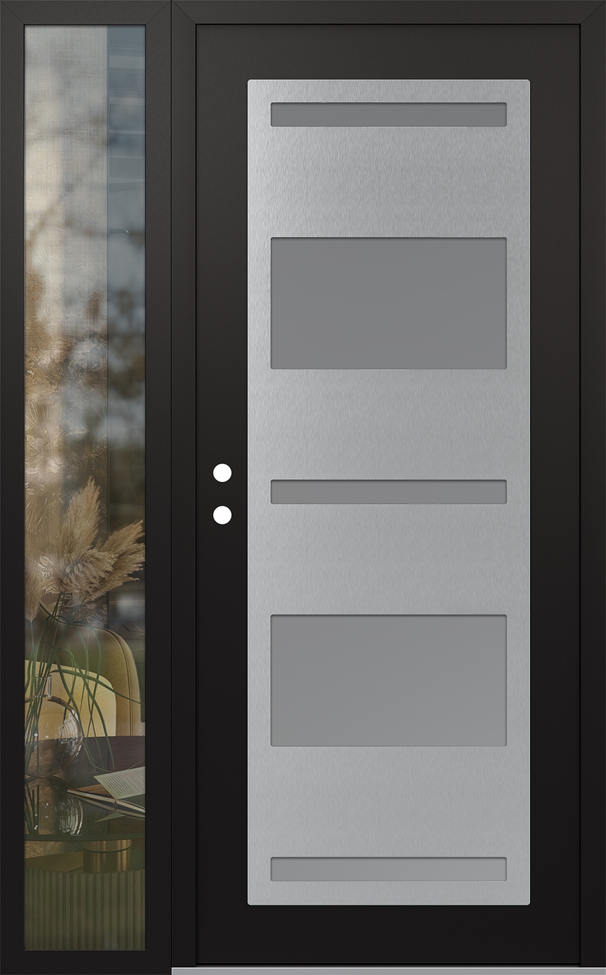 Modern Steel Front Door Diamond C10 48" x 80" black/white frosted Glass Panel stainless steel RHI with Sidelite clear Glass