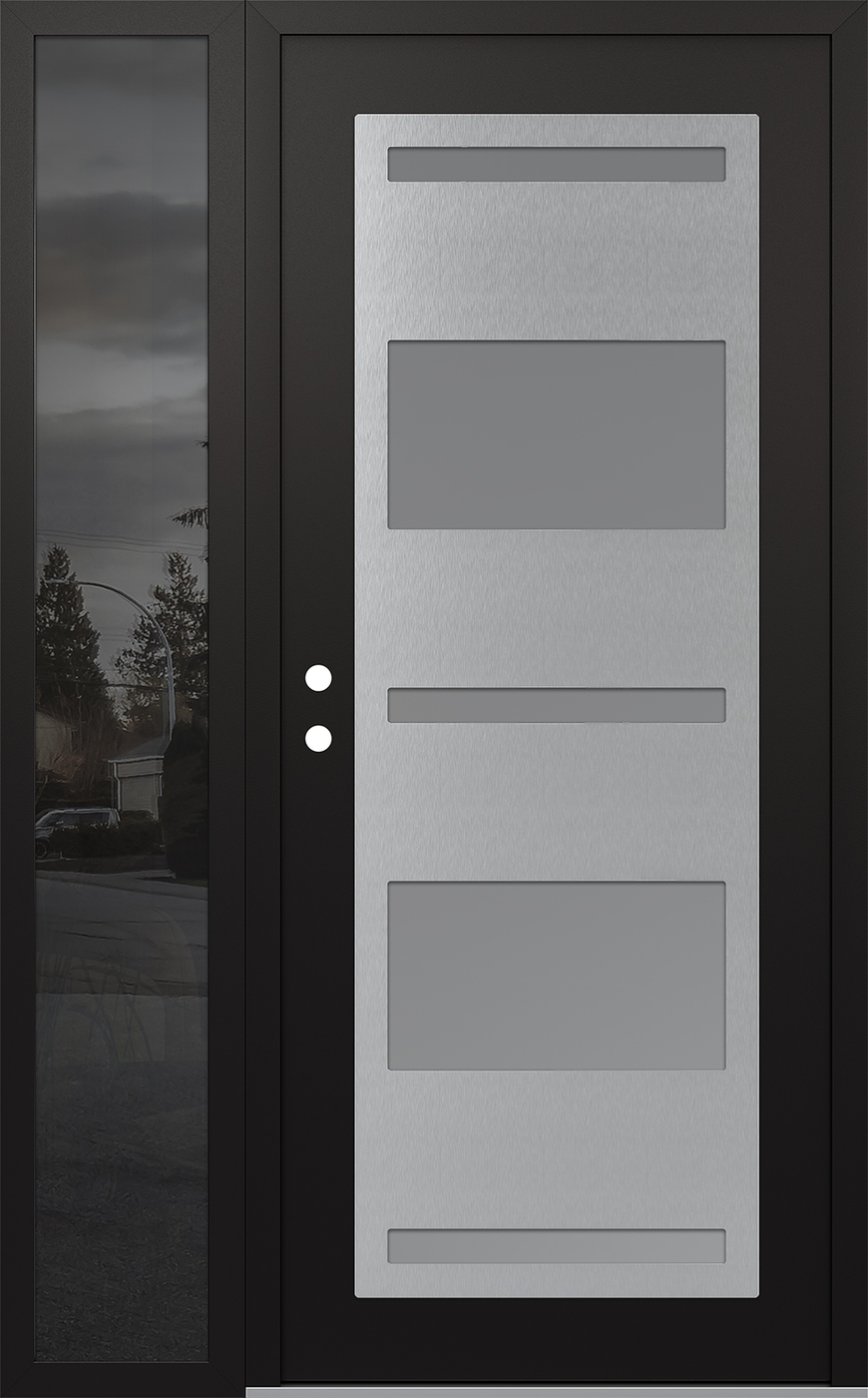 Modern Steel Front Door Diamond C10 48" x 80" black/white frosted Glass Panel stainless steel RHI with Sidelite mirrored Glass