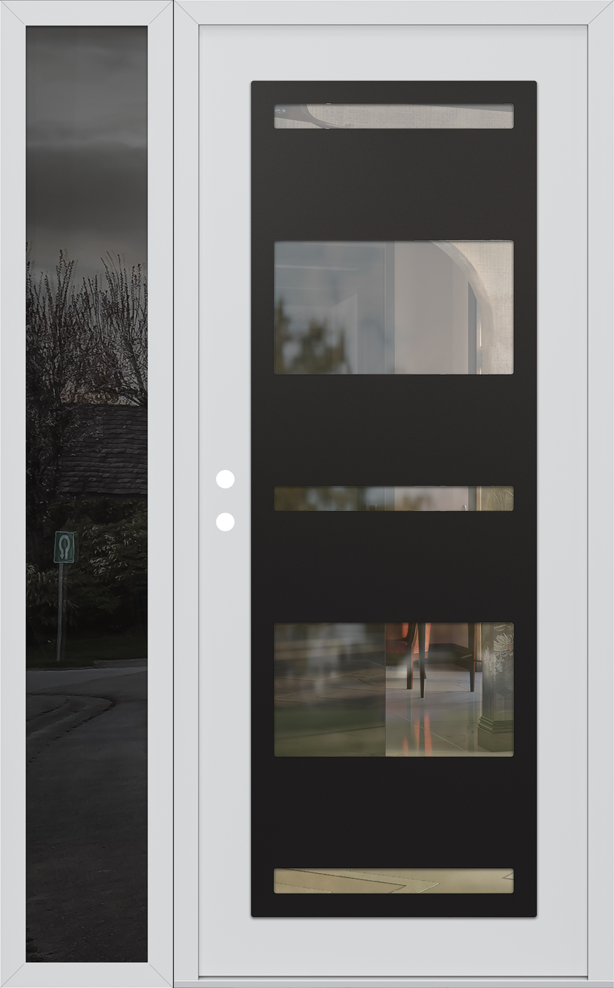 Modern Steel Front Door Diamond C10 48" x 80" white/white clear Glass Panel black RHI with Sidelite mirrored Glass