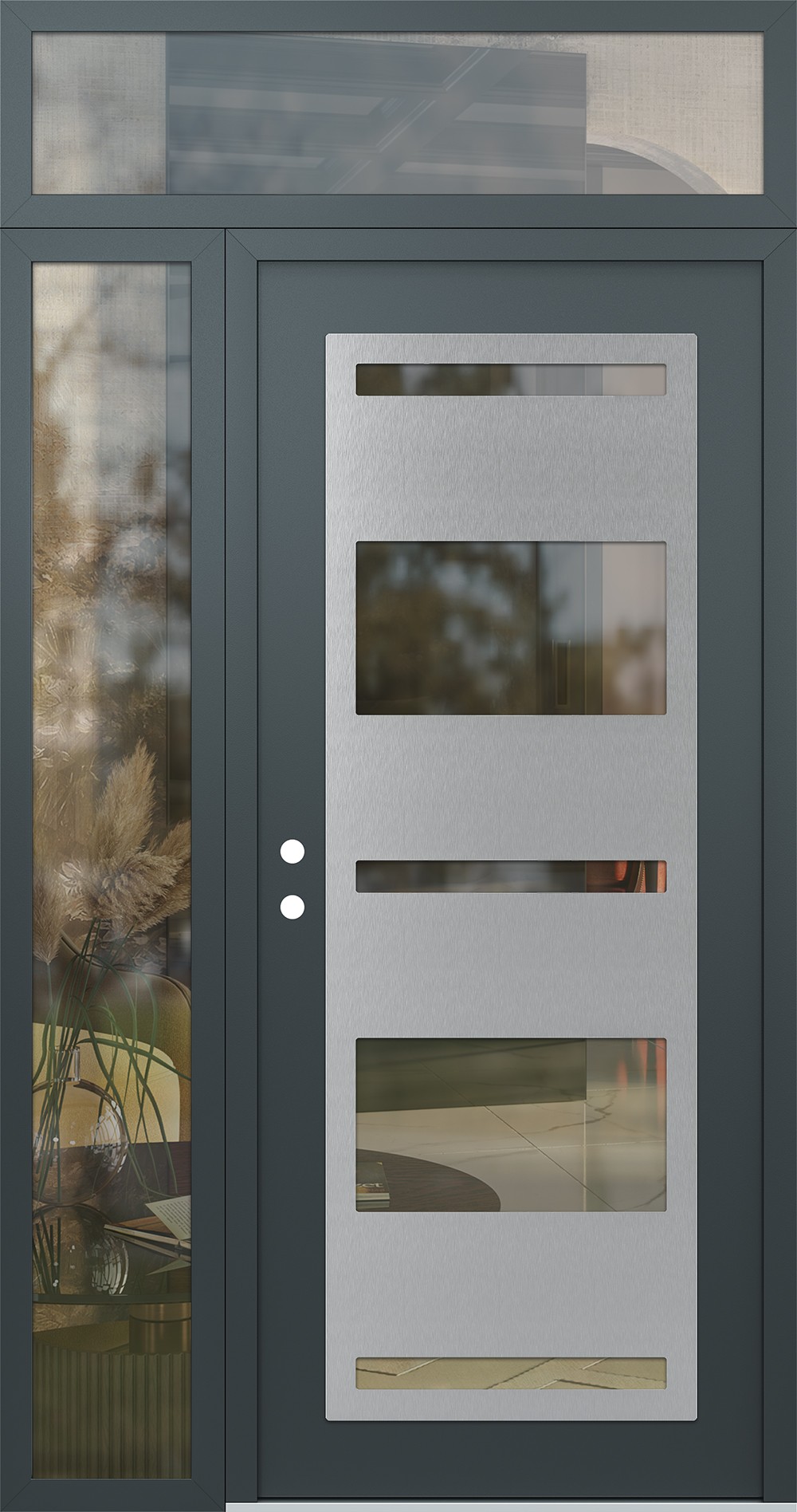 Modern Steel Front Door Diamond C10 48" x 96" anthracite/anthracite clear Glass Panel stainless steel RHI with Sidelite and Transom clear Glass