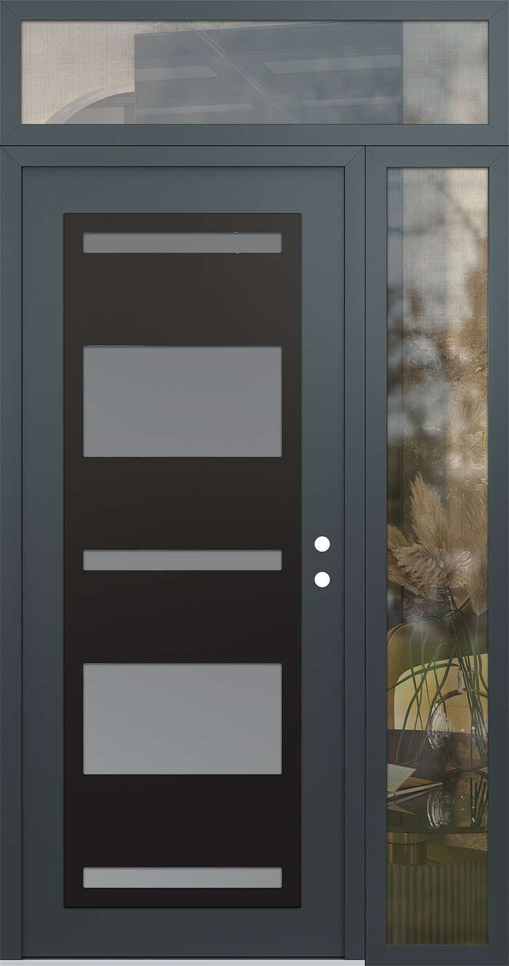 Modern Steel Front Door Diamond C10 48" x 96" anthracite/anthracite frosted Glass Panel black LHI with Sidelite and Transom clear Glass