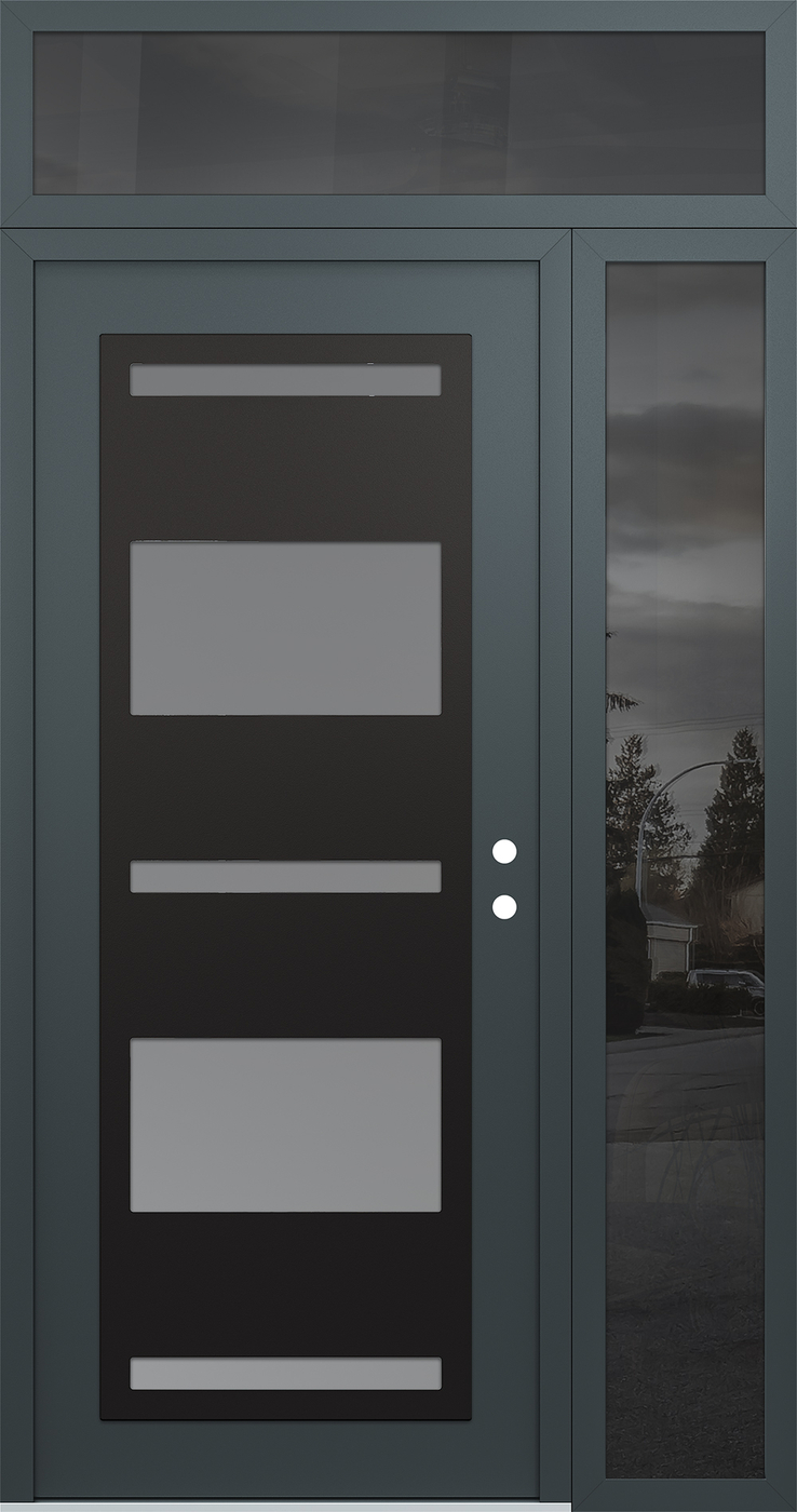 Modern Steel Front Door Diamond C10 48" x 96" anthracite/anthracite frosted Glass Panel black LHI with Sidelite and Transom mirrored Glass