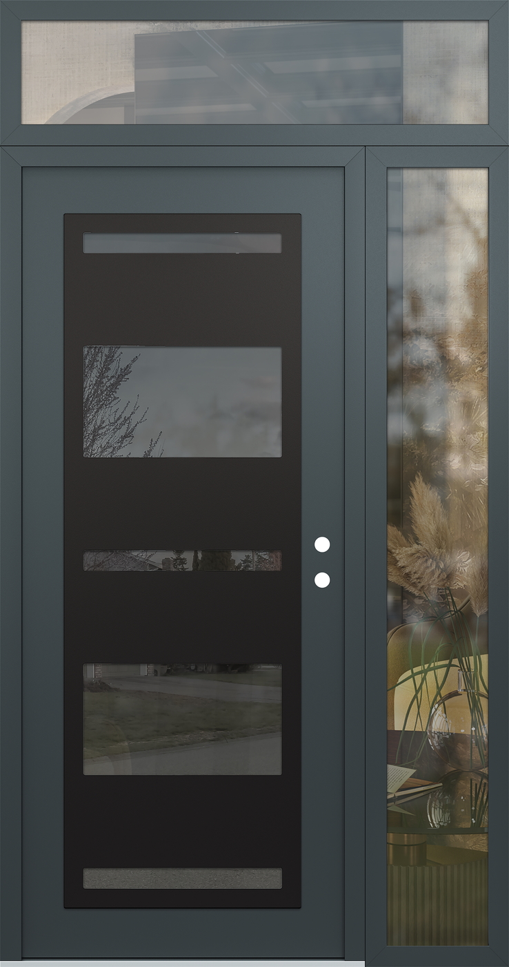 Modern Steel Front Door Diamond C10 48" x 96" anthracite/anthracite mirrored Glass Panel black LHI with Sidelite and Transom clear Glass
