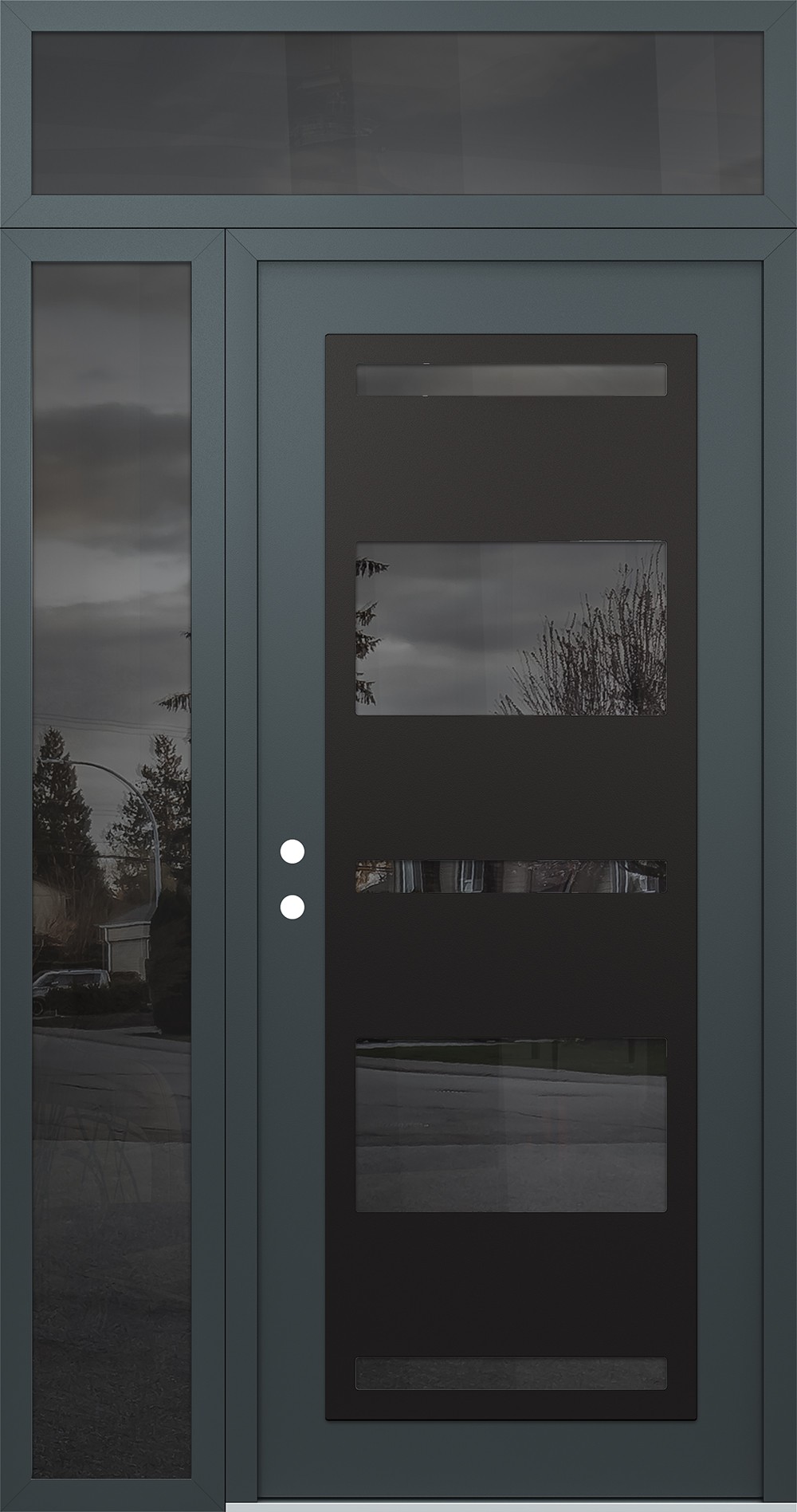 Modern Steel Front Door Diamond C10 48" x 96" anthracite/anthracite mirrored Glass Panel black RHI with Sidelite and Transom mirrored Glass