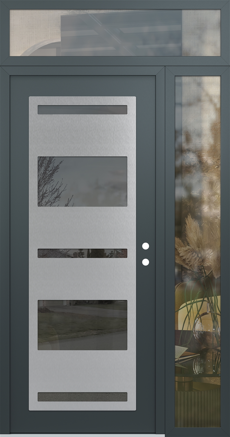 Modern Steel Front Door Diamond C10 48" x 96" anthracite/anthracite mirrored Glass Panel stainless steel LHI with Sidelite and Transom clear Glass
