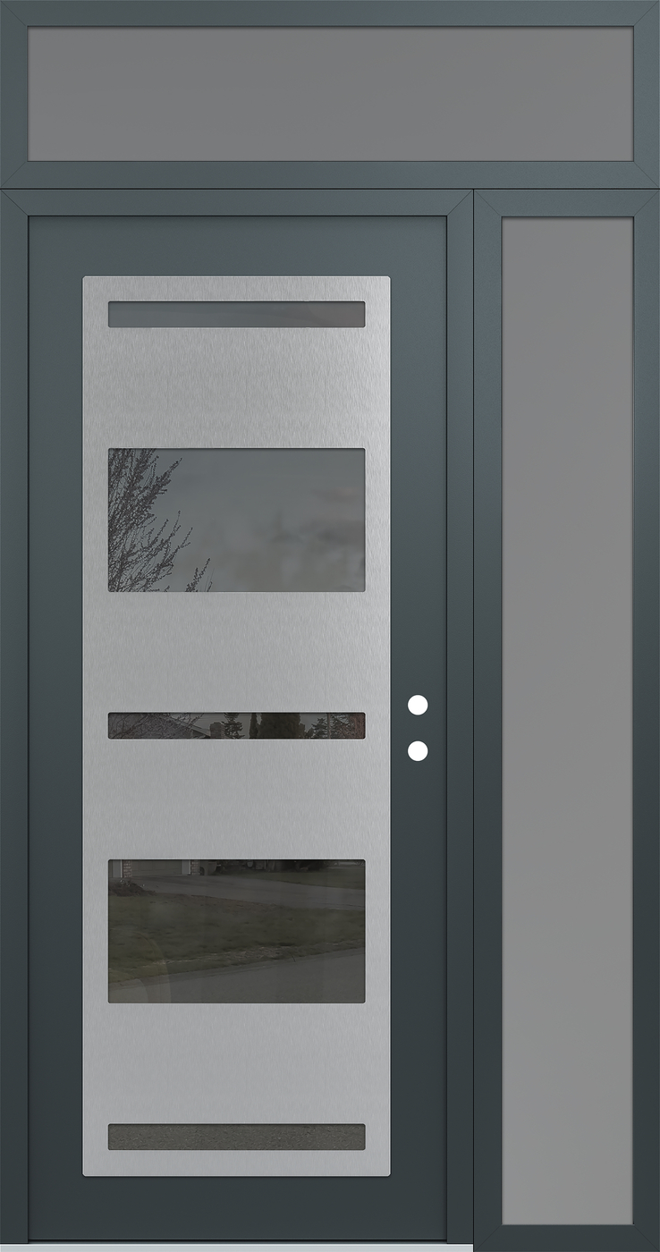 Modern Steel Front Door Diamond C10 48" x 96" anthracite/anthracite mirrored Glass Panel stainless steel LHI with Sidelite and Transom frosted Glass