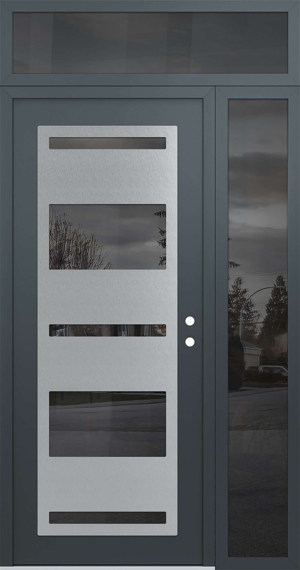 Modern Steel Front Door Diamond C10 48" x 96" anthracite/anthracite mirrored Glass Panel stainless steel LHI with Sidelite and Transom mirrored Glass