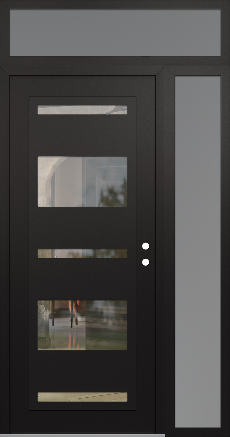 Modern Steel Front Door Diamond C10 48" x 96" black/black clear Glass Panel black LHI with Sidelite and Transom frosted Glass
