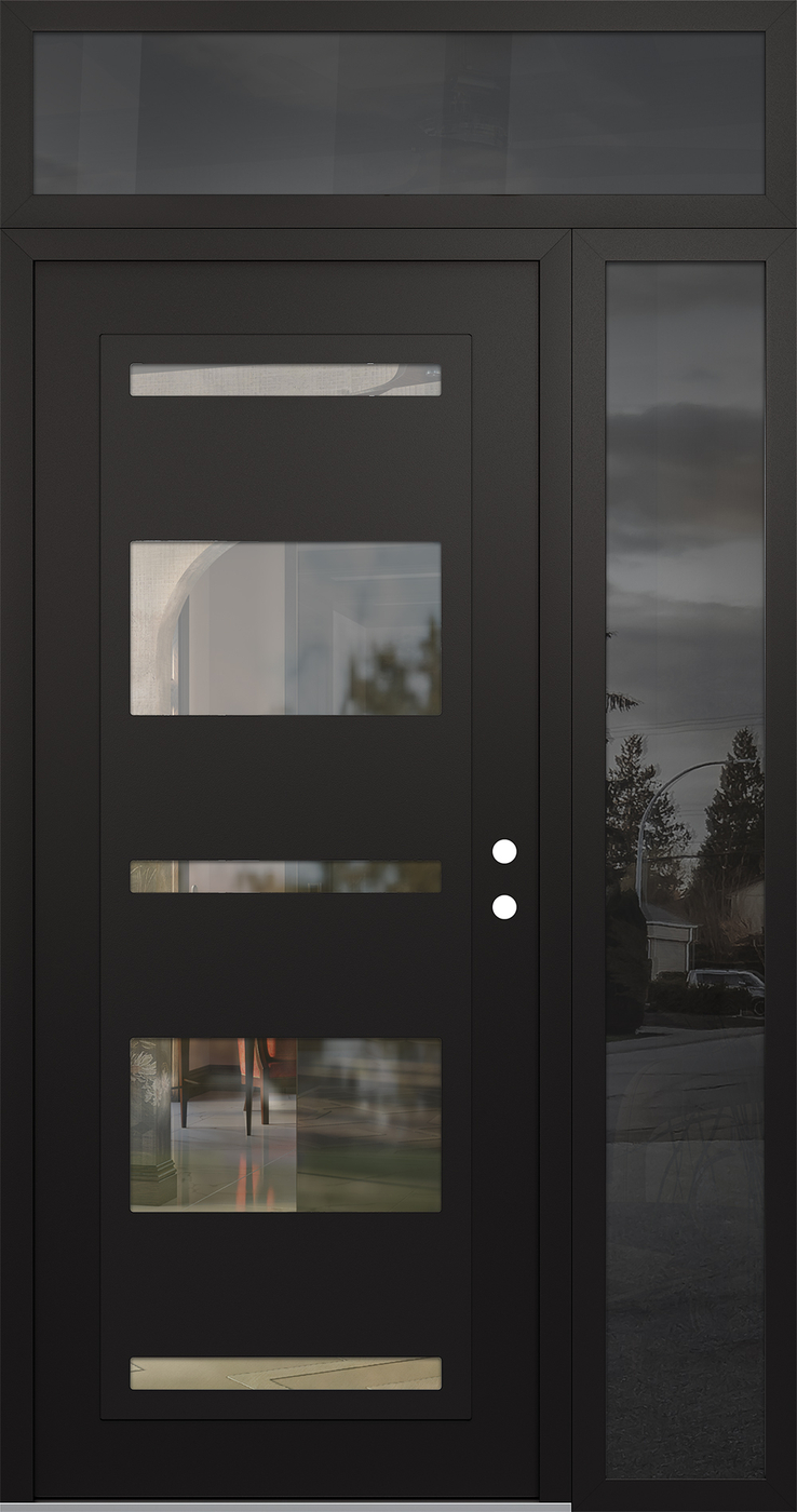 Modern Steel Front Door Diamond C10 48" x 96" black/black clear Glass Panel black LHI with Sidelite and Transom mirrored Glass