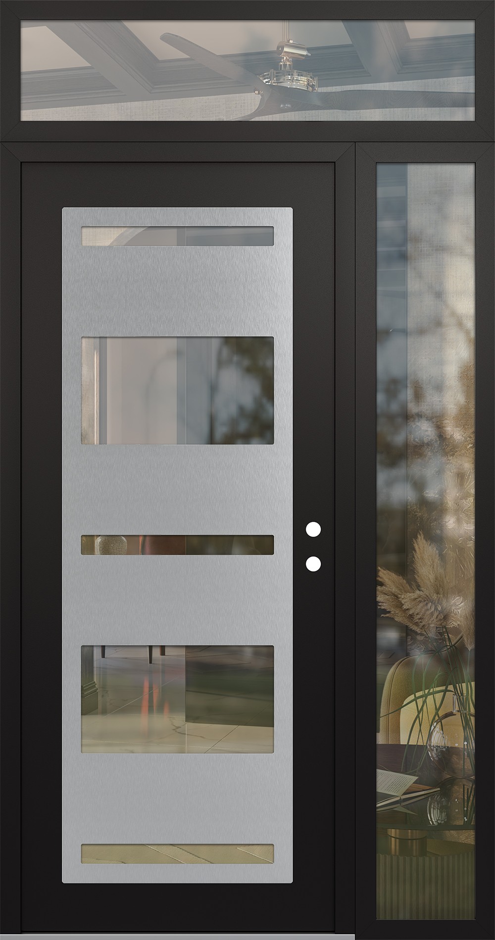 Modern Steel Front Door Diamond C10 48" x 96" black/black clear Glass Panel stainless steel LHI with Sidelite and Transom clear Glass