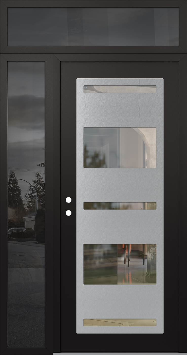 Modern Steel Front Door Diamond C10 48" x 96" black/black clear Glass Panel stainless steel RHI with Sidelite and Transom mirrored Glass