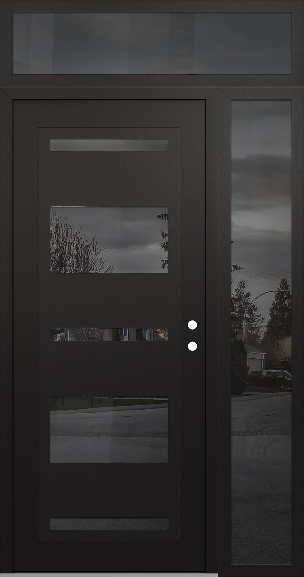 Modern Steel Front Door Diamond C10 48" x 96" black/black mirrored Glass Panel black LHI with Sidelite and Transom mirrored Glass