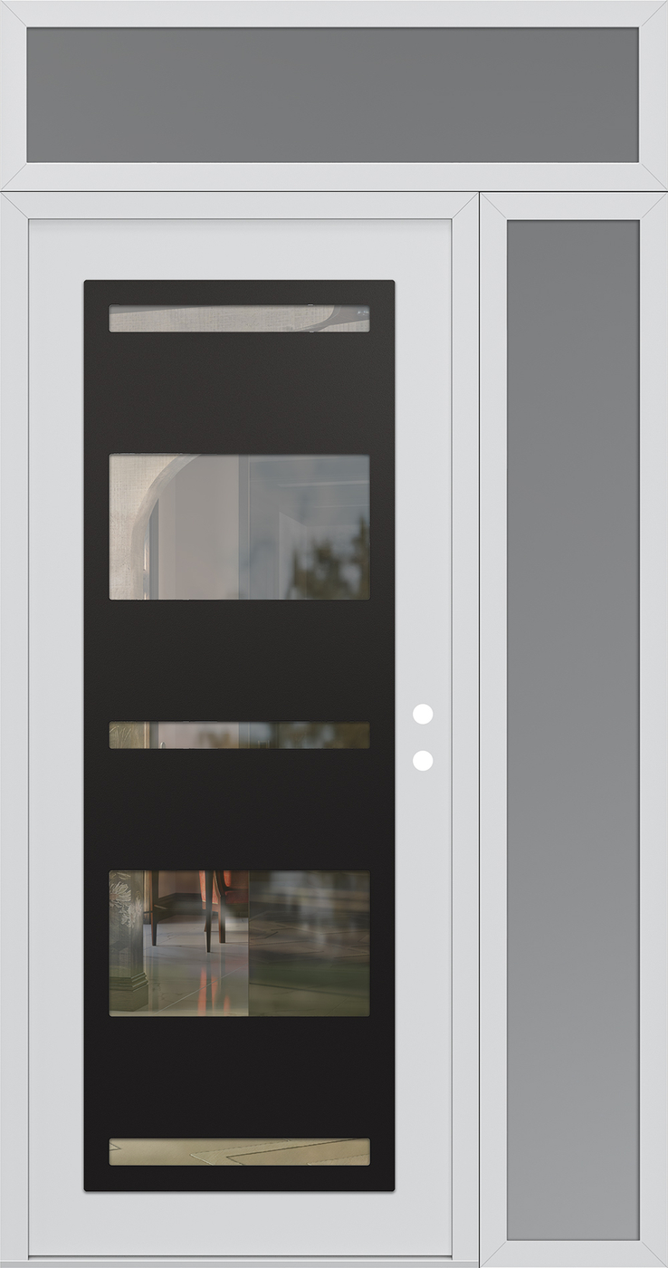 Modern Steel Front Door Diamond C10 48" x 96" white/white clear Glass Panel black LHI with Sidelite and Transom frosted Glass