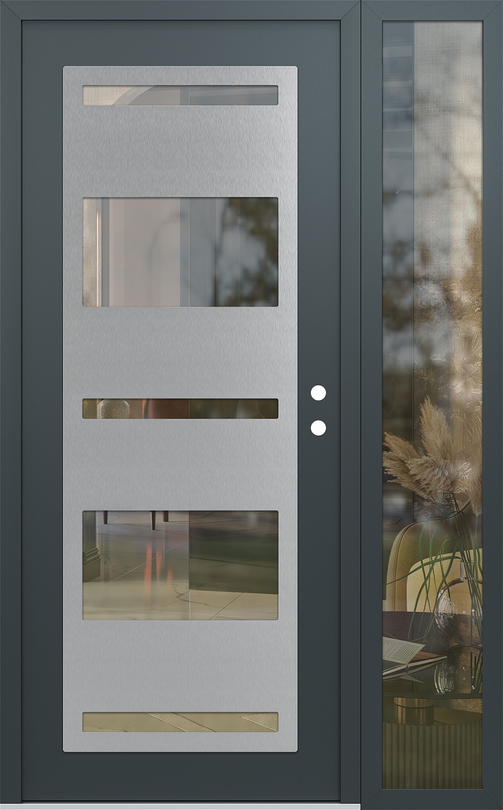 Modern Steel Front Door Diamond C10 50" x 80" anthracite/anthracite clear Glass Panel stainless steel LHI with Sidelite clear Glass