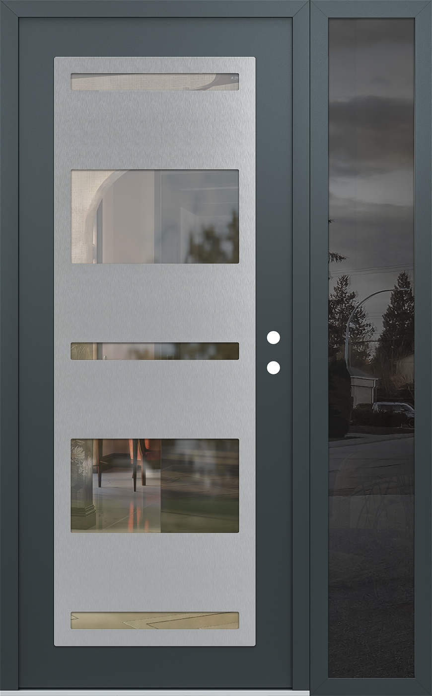 Modern Steel Front Door Diamond C10 50" x 80" anthracite/anthracite clear Glass Panel stainless steel LHI with Sidelite mirrored Glass